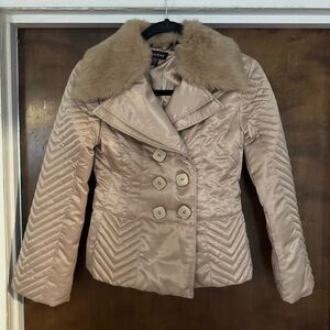 BEBE Y2K size Medium  Satin Jacket Corset Back Fur Trim Down Feathers GORG!